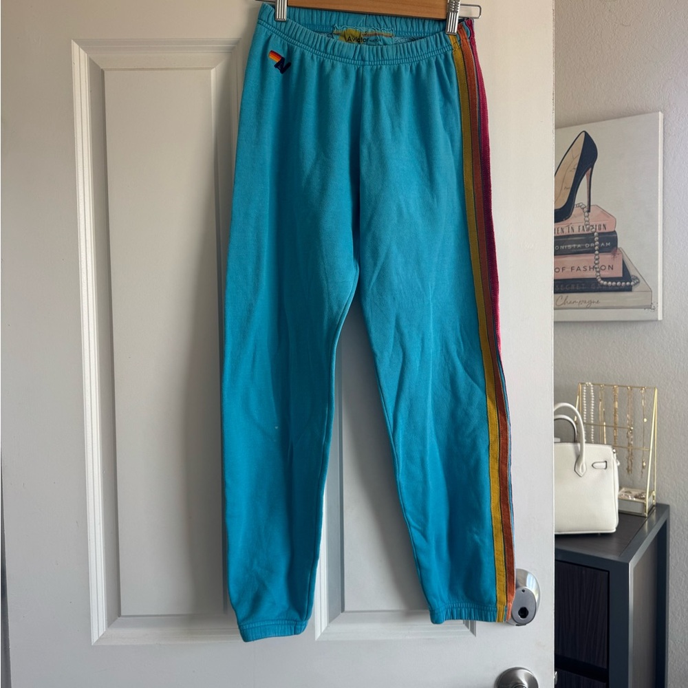 Aviator Nation Turquoise Joggers with Rainbow Stripe